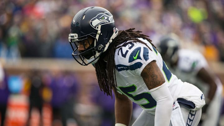 Dec 6, 2015; Minneapolis, MN, USA; Seattle Seahawks cornerback Richard Sherman (25) against the Minnesota Vikings at TCF Bank Stadium. The Seahawks defeated the Vikings 38-7. Mandatory Credit: Brace Hemmelgarn-Imagn Images Dec 6, 2015; Minneapolis, MN, USA; Seattle Seahawks cornerback Richard Sherman (25) against the Minnesota Vikings at TCF Bank Stadium. The Seahawks defeated the Vikings 38-7. Mandatory Credit: Brace Hemmelgarn-Imagn Images