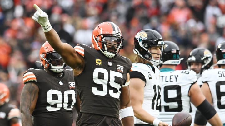 Dec 10, 2023; Cleveland, Ohio, USA; Cleveland Browns defensive end Myles Garrett (95) celebrates after the Jacksonville Jaguars were called for a penalty during the first quarter at Cleveland Browns Stadium. Mandatory Credit: Ken Blaze-USA TODAY Sports