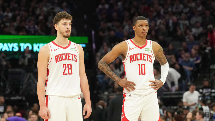 Mar 10, 2024; Sacramento, California, USA; Houston Rockets center Alperen Sengun (28) and forward Jabari Smith Jr. (10) stand on the court during the third quarter against the Sacramento Kings at Golden 1 Center. Mandatory Credit: Darren Yamashita-USA TODAY Sports