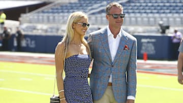 Mississippi Rebels head coach Lane Kiffin poses for a photo with his daughter Landry Kiffin prior to the game against the LSU Tigers at Vaught-Hemingway Stadium.