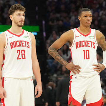 Mar 10, 2024; Sacramento, California, USA; Houston Rockets center Alperen Sengun (28) and forward Jabari Smith Jr. (10)