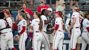 May 31, 2025; Oklahoma City, OK, USA; Texas Tech Red Raiders pitcher NiJaree Canady (24) celebrates with her teammates after defeating the UCLA Bruins 3-1 during the NCAA Softball Women's College World Series at Devon Park. Mandatory Credit: Brett Rojo-Imagn Images
