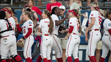 May 31, 2025; Oklahoma City, OK, USA; Texas Tech Red Raiders pitcher NiJaree Canady (24) celebrates with her teammates after defeating the UCLA Bruins 3-1 during the NCAA Softball Women's College World Series at Devon Park. Mandatory Credit: Brett Rojo-Imagn Images