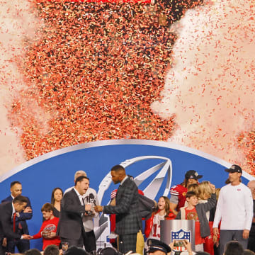 Jan 28, 2024; Santa Clara, California, USA; Fox Sports broadcaster and former NFL player Michael Strahan interviews San Francisco 49ers chief executive officer Jed York after winning the NFC Championship football game against the Detroit Lions at Levi's Stadium. Mandatory Credit: Kelley L Cox-USA TODAY Sports