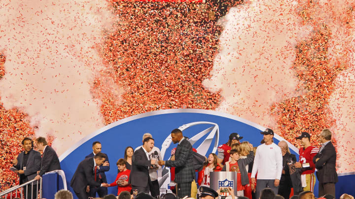 Jan 28, 2024; Santa Clara, California, USA; Fox Sports broadcaster and former NFL player Michael Strahan interviews San Francisco 49ers chief executive officer Jed York after winning the NFC Championship football game against the Detroit Lions at Levi's Stadium. Mandatory Credit: Kelley L Cox-USA TODAY Sports