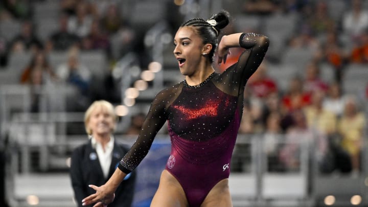 Apr 18, 2024; Fort Worth, TX, USA; University of Alabama Crimson Tide gymnast Luisa Blanco performs on floor exercise during the 2024 NCAA Women's National Gymnastics Semifinals at Dickies Arena. Mandatory Credit: Jerome Miron-USA TODAY Sports