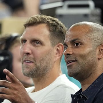 Dirk Nowitzki and Tony Parker during Germany's 73–69 loss to France in the Olympic men's basketball semifinals on Aug. 8, 2024.