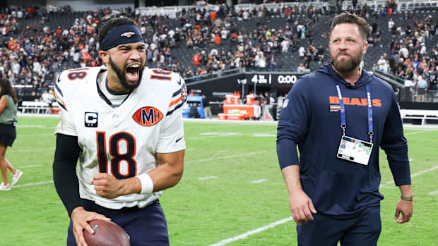 Chicago Bears quarterback Caleb Williams celebrates a win against the Las Vegas Raiders.
