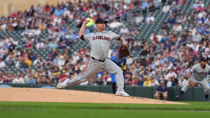 Aug 9, 2024; Minneapolis, Minnesota, USA; Cleveland Guardians starting pitcher Alex Cobb (35) delivers a pitch during the first inning against the Minnesota Twins at Target Field. Mandatory Credit: Jordan Johnson-USA TODAY Sports