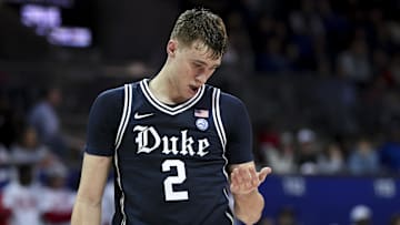 Jan 4, 2025; Dallas, Texas, USA;  Duke Blue Devils guard Cooper Flagg (2) reacts during the second half against the Southern Methodist Mustangs at Moody Coliseum. Mandatory Credit: Kevin Jairaj-Imagn Images