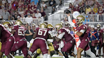 Sep 2, 2024; Tallahassee, Florida, USA; Florida State Seminoles quarterback DJ Uiagalelei (4) throws the ball during the first half against the Boston College Eagles at Doak S. Campbell Stadium. Mandatory Credit: Melina Myers-Imagn Images