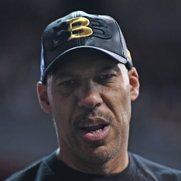 Jul 8, 2017; Las Vegas, NV, USA; LaVar ball looks on prior to the game between the Boston Celtics and Los Angeles Lakers at Thomas & Mack Arena. Mandatory Credit: Joe Camporeale-Imagn Images