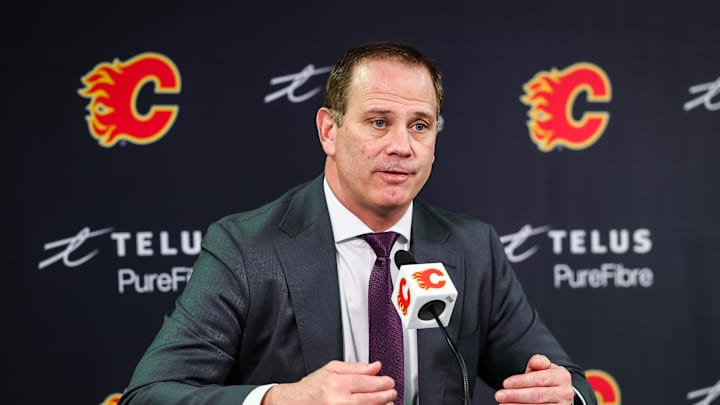Jan 30, 2025; Calgary, Alberta, CAN; Calgary Flames general manager Craig Conroy during interview after the game against the Anaheim Ducks at Scotiabank Saddledome. Mandatory Credit: Sergei Belski-Imagn Images