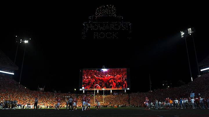 A drone show goes off Saturday, Aug. 30, 2025 during the NCAA football game between the Clemson Tigers and the LSU Tigers at Memorial Stadium in Clemson, South Carolina.