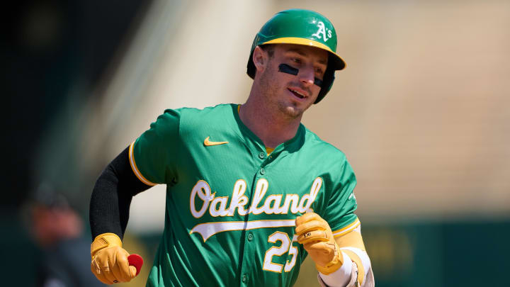 Aug 24, 2024; Oakland, California, USA; Oakland Athletics outfielder Brent Rooker (25) runs the bases after hitting a two run home run against the Milwaukee Brewers during the sixth inning at Oakland-Alameda County Coliseum. Mandatory Credit: Robert Edwards-USA TODAY Sports