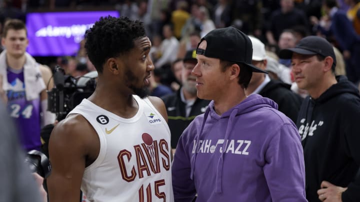 Jan 10, 2023; Salt Lake City, Utah, USA;  Cleveland Cavaliers guard Donovan Mitchell (45) and Utah Jazz owner Ryan Smith meet after the game at Vivint Arena. Mandatory Credit: Chris Nicoll-USA TODAY Sports