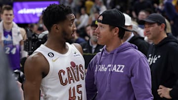 Jan 10, 2023; Salt Lake City, Utah, USA;  Cleveland Cavaliers guard Donovan Mitchell (45) and Utah Jazz owner Ryan Smith meet after the game at Vivint Arena. Mandatory Credit: Chris Nicoll-Imagn Images