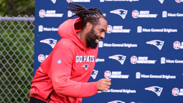 Jun 12, 2024; Foxborough, MA, USA;  New England Patriots linebacker Matthew Judon (9) runs onto the practice field at minicamp at Gillette Stadium.  Mandatory Credit: Eric Canha-USA TODAY Sports