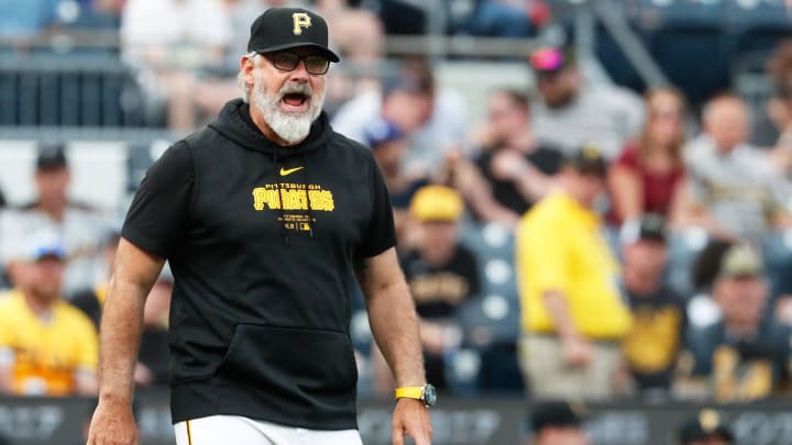 Pittsburgh Pirates manager Derek Shelton (17) protests a reviewed call against the Los Angeles Dodgers during the first inning at PNC Park. 