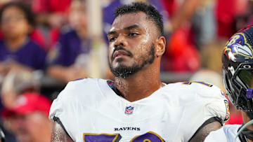 Sep 5, 2024; Kansas City, Missouri, USA; Baltimore Ravens offensive tackle Ronnie Stanley (79) on field prior to a game against the Kansas City Chiefs at GEHA Field at Arrowhead Stadium. Mandatory Credit: Denny Medley-Imagn Images