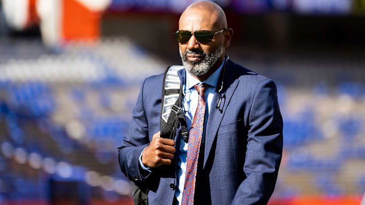 Florida Gators assistant head coach for cornerbacks Corey Raymond walks on the field during Gator Walk at Steve Spurrier Field at Ben Hill Griffin Stadium in Gainesville, FL on Saturday, November 12, 2022. [Matt Pendleton/Gainesville Sun]

Ncaa Football Florida Gators Vs South Carolina Gamecocks

Syndication Gator Sports