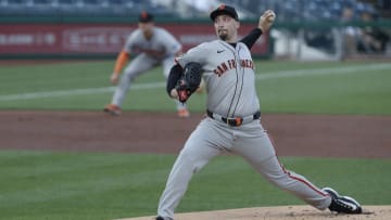 May 22, 2024; Pittsburgh, Pennsylvania, USA;  San Francisco Giants starting pitcher Blake Snell (7) delivers a pitch against the Pittsburgh Pirates during the first inning at PNC Park. Mandatory Credit: Charles LeClaire-USA TODAY Sports