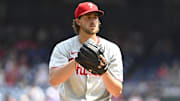 Aug 17, 2025; Washington, District of Columbia, USA; Philadelphia Phillies starting pitcher Aaron Nola (27) throws to the Washington Nationals during the first inning at Nationals Park