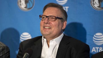 Dallas Mavericks general manager Donnie Nelson answers questions during a press conference.