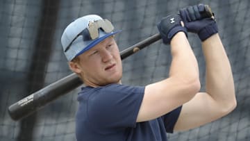 Milwaukee Brewers left fielder Joey Wiemer (28) at the batting cage 