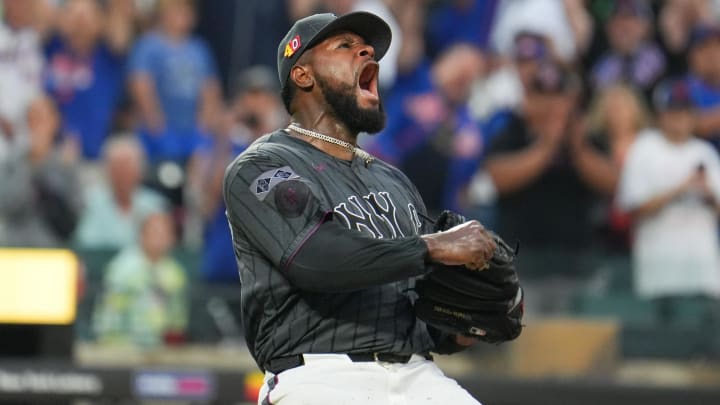 Aug 17, 2024; New York City, New York, USA; New York Mets pitcher Luis Severino (40) celebrates after pitching a shutout against the Miami Marlins at Citi Field. Mandatory Credit: Lucas Boland-USA TODAY Sports