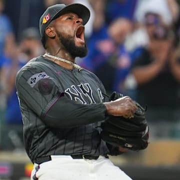 Aug 17, 2024; New York City, New York, USA; New York Mets pitcher Luis Severino (40) celebrates after pitching a shutout against the Miami Marlins at Citi Field.