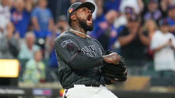 Aug 17, 2024; New York City, New York, USA; New York Mets pitcher Luis Severino (40) celebrates after pitching a shutout against the Miami Marlins at Citi Field.