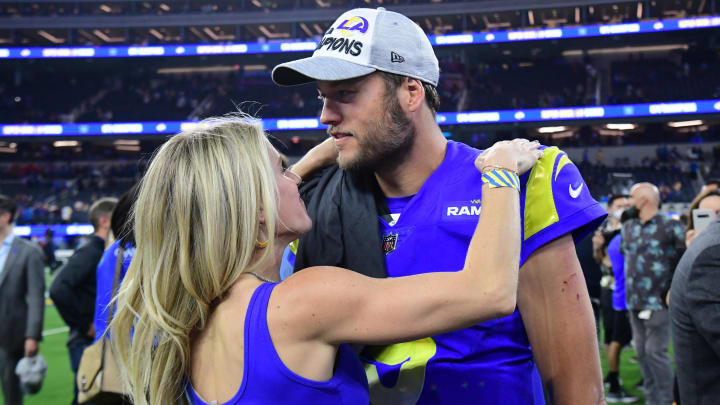 Jan 30, 2022; Inglewood, California, USA; Los Angeles Rams quarterback Matthew Stafford (9) with wife Kelly Hall after defeating the San Francisco 49ers in the NFC Championship Game at SoFi Stadium. Mandatory Credit: Gary A. Vasquez-USA TODAY Sports