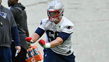 May 9, 2025; Foxborough, MA, USA; New England Patriots offensive tackle Will Campbell (66) practices during rookie camp at Gillette Stadium. Mandatory Credit: Eric Canha-Imagn Images