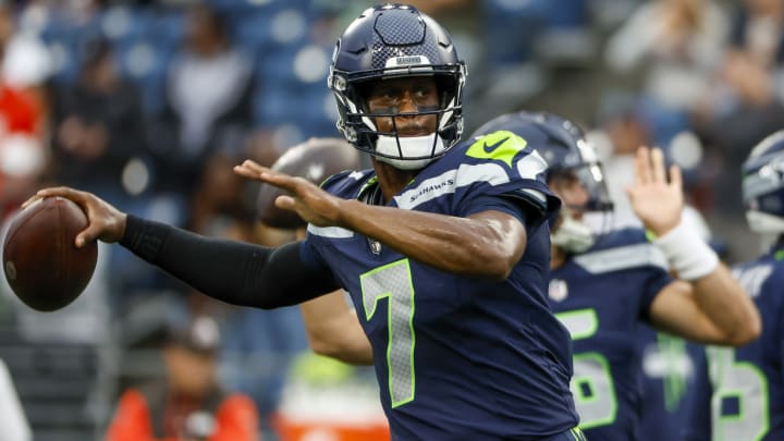 Aug 24, 2024; Seattle, Washington, USA; Seattle Seahawks quarterback Geno Smith (7) passes during pregame warmups against the Cleveland Browns at Lumen Field.