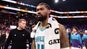 Jan 12, 2025; Phoenix, Arizona, USA; Charlotte Hornets center Nick Richards (4) against the Phoenix Suns at Footprint Center. Mandatory Credit: Mark J. Rebilas-Imagn Images