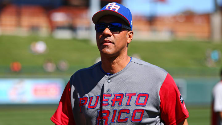 Mar 9, 2017; Scottsdale, AZ, USA; Puerto Rico bullpen coach Juan Gonzalez against the Colorado Rockies during a 2017 World Baseball Classic exhibition game at Salt River Fields. Mandatory Credit: Mark J. Rebilas-USA TODAY Sports