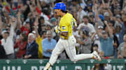 Sep 13, 2025; Boston, Massachusetts, USA; Boston Red Sox outfielder Jarren Duran (16) reacts to his one-run home run during the eighth inning against the New York Yankees at Fenway Park. Mandatory Credit: Eric Canha-Imagn Images