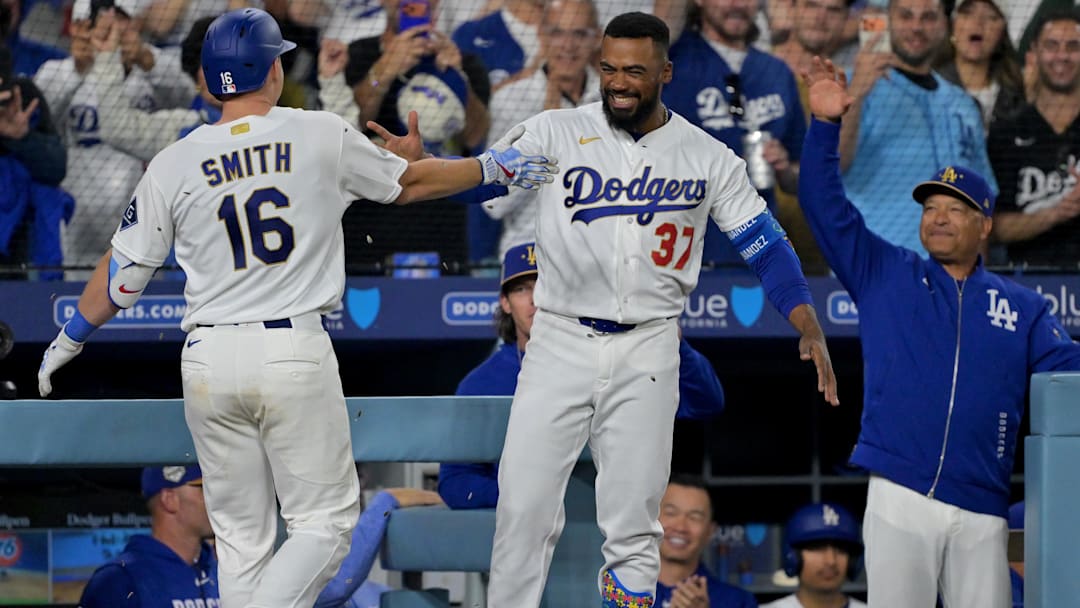 Mar 28, 2026; Los Angeles, California, USA; Los Angeles Dodgers catcher Will Smith (16) celebrates with right fielder Teoscar Hernandez (37) after hitting a two-run home run during the eighth inning against the Arizona Diamondbacks at Dodger Stadium. Mandatory Credit: Jayne Kamin-Oncea-Imagn Images Mar 28, 2026; Los Angeles, California, USA; Los Angeles Dodgers catcher Will Smith (16) celebrates with right fielder Teoscar Hernandez (37) after hitting a two-run home run during the eighth inning against the Arizona Diamondbacks at Dodger Stadium. Mandatory Credit: Jayne Kamin-Oncea-Imagn Images