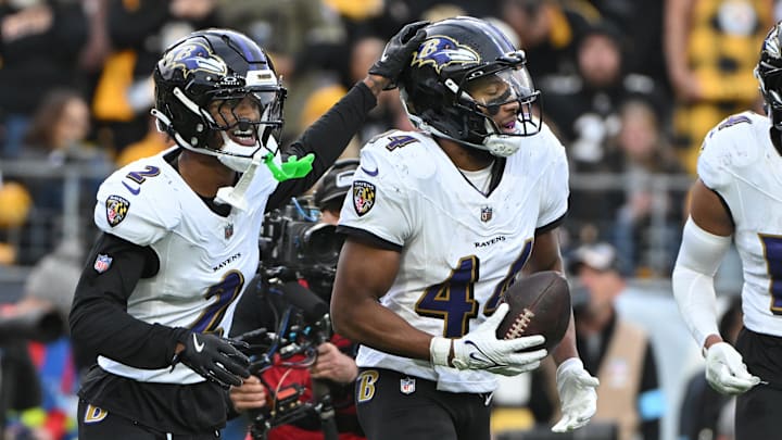 Nov 17, 2024; Pittsburgh, Pennsylvania, USA; Baltimore Ravens cornerback Marlon Humphrey (44) celebrates with Nate Wiggins (2) after ntercepting a pass in the end zone against the Pittsburgh Steelers during the fourth quarter at Acrisure Stadium. Mandatory Credit: Barry Reeger-Imagn Images
