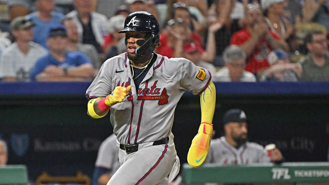 Jul 28, 2025; Kansas City, Missouri, USA; Atlanta Braves right fielder Ronald Acuna Jr. (13) runs down the third baseline to score a run in the eighth inning against the Kansas City Royals at Kauffman Stadium. Mandatory Credit: Peter Aiken-Imagn Images Jul 28, 2025; Kansas City, Missouri, USA; Atlanta Braves right fielder Ronald Acuna Jr. (13) runs down the third baseline to score a run in the eighth inning against the Kansas City Royals at Kauffman Stadium. Mandatory Credit: Peter Aiken-Imagn Images
