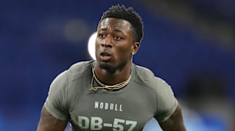 Mar 3, 2023; Indianapolis, IN, USA; Florida State defensive back Jammie Robinson (DB57) participates in drills at Lucas Oil Stadium. Mandatory Credit: Kirby Lee-Imagn Images