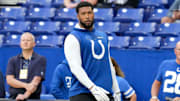 Indianapolis Colts defensive tackle Deforest Buckner (99) warms up before a game against the Arizona Cardinals on Sunday, Oct. 12, 2025, at Lucas Oil Stadium in Indianapolis