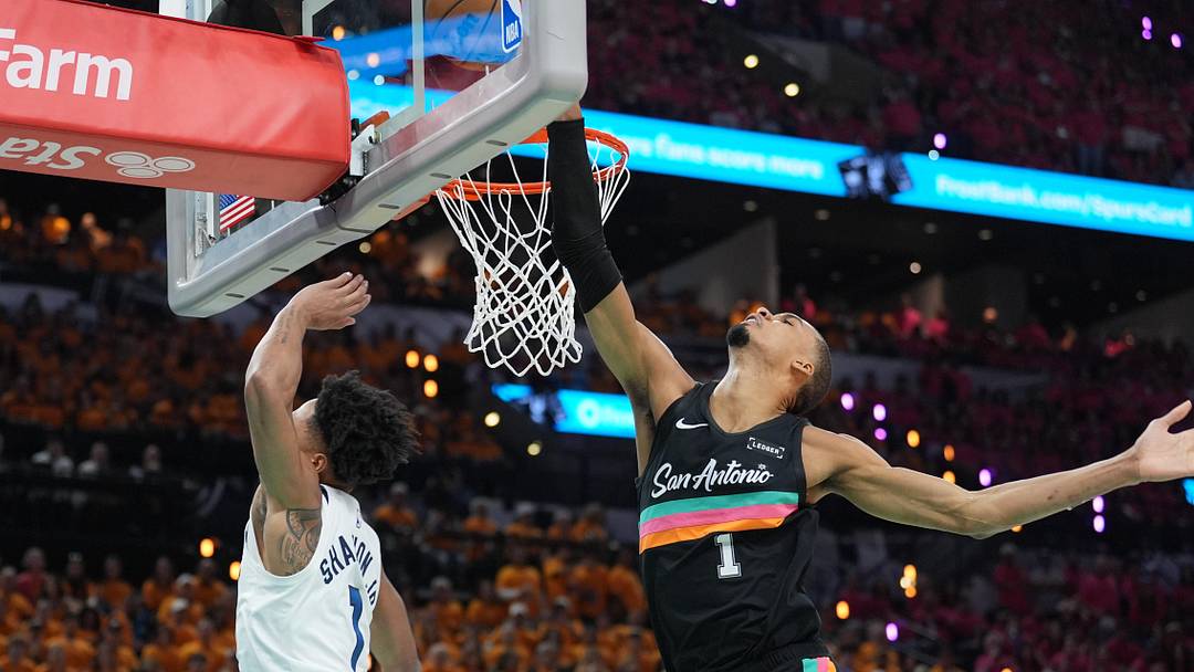 May 4, 2026; San Antonio, Texas, USA; San Antonio Spurs forward Victor Wembanyama (1) blocks a shot by Minnesota Timberwolves guard Terrence Shannon Jr. (1) in the first half during game one of the second round of the 2026 NBA Playoffs at Frost Bank Center. Mandatory Credit: Daniel Dunn-Imagn Images
