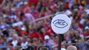 Sep 6, 2024; Dallas, Texas, USA; A view of the ACC logo during the first half of the game between the Southern Methodist Mustangs and the Brigham Young Cougars at Gerald J. Ford Stadium. Mandatory Credit: Jerome Miron-Imagn Images