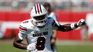 Oct 12, 2024; Tuscaloosa, Alabama, USA;  South Carolina Gamecocks wide receiver Nyck Harbor (8) during the second half at Bryant-Denny Stadium. Mandatory Credit: Butch Dill-Imagn Images