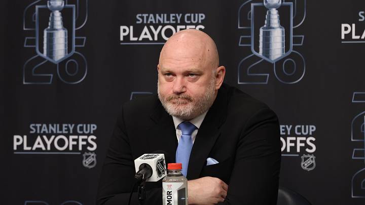 Utah Mammoth head coach Andre Tourigny speaks with media after game six of the first round of the 2026 Stanley Cup Playoffs. Mandatory Credit: Rob Gray-Imagn Images