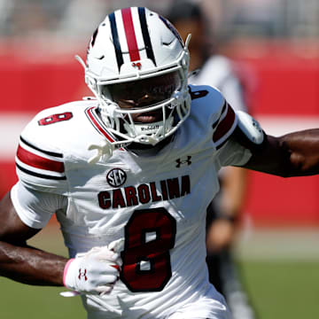 Oct 12, 2024; Tuscaloosa, Alabama, USA;  South Carolina Gamecocks wide receiver Nyck Harbor (8) during the second half at Bryant-Denny Stadium. Mandatory Credit: Butch Dill-Imagn Images