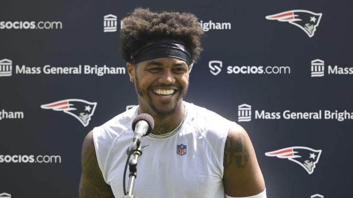 May 23, 2022; Foxborough, MA, USA; New England Patriots wide receiver Kendrick Bourne (84) speaks to