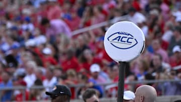 Sep 6, 2024; Dallas, Texas, USA; A view of the ACC logo during the first half of the game between the Southern Methodist Mustangs and the Brigham Young Cougars at Gerald J. Ford Stadium. Mandatory Credit: Jerome Miron-Imagn Images